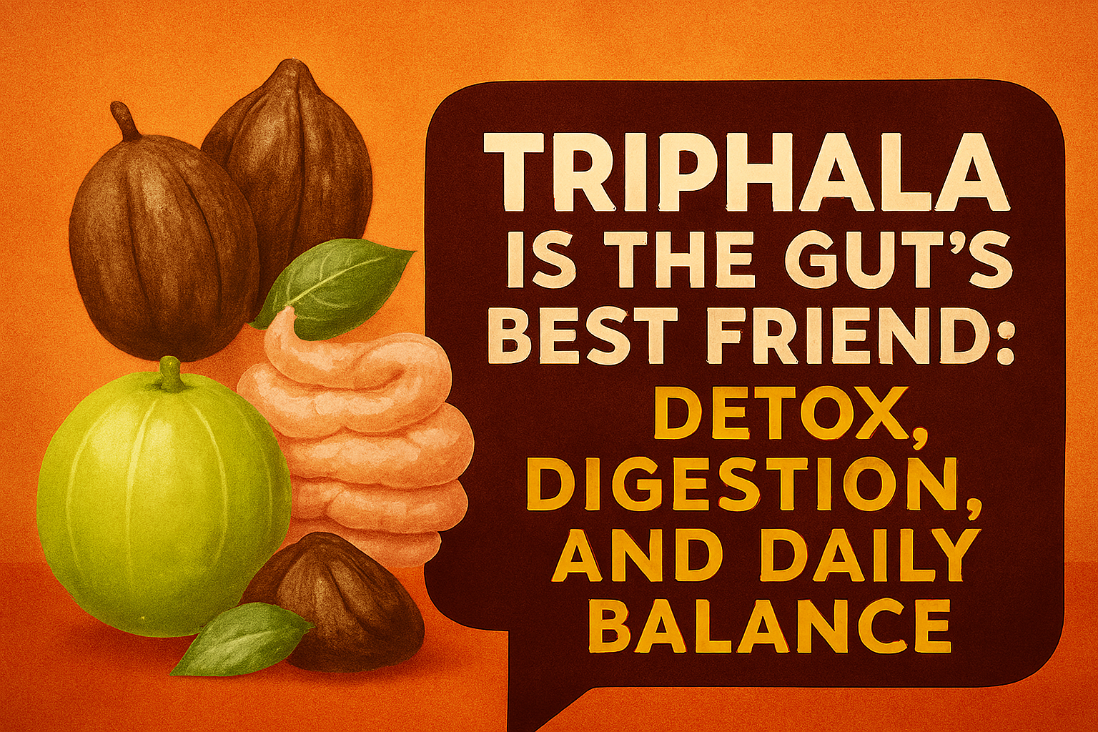 Realistic illustration of Triphala fruits—green amla, brown haritaki, and dark bibhitaki—alongside a soft anatomical digestive system and green leaf, set against a warm orange background with bold text highlighting Triphala’s role in detox, digestion, and