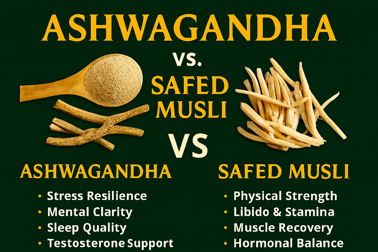 Infographic comparing Ashwagandha and Safed Musli on a dark green background. Shows powdered Ashwagandha and dried roots beside Safed Musli strands, with bullet points highlighting benefits like stress resilience, libido, and muscle recovery.