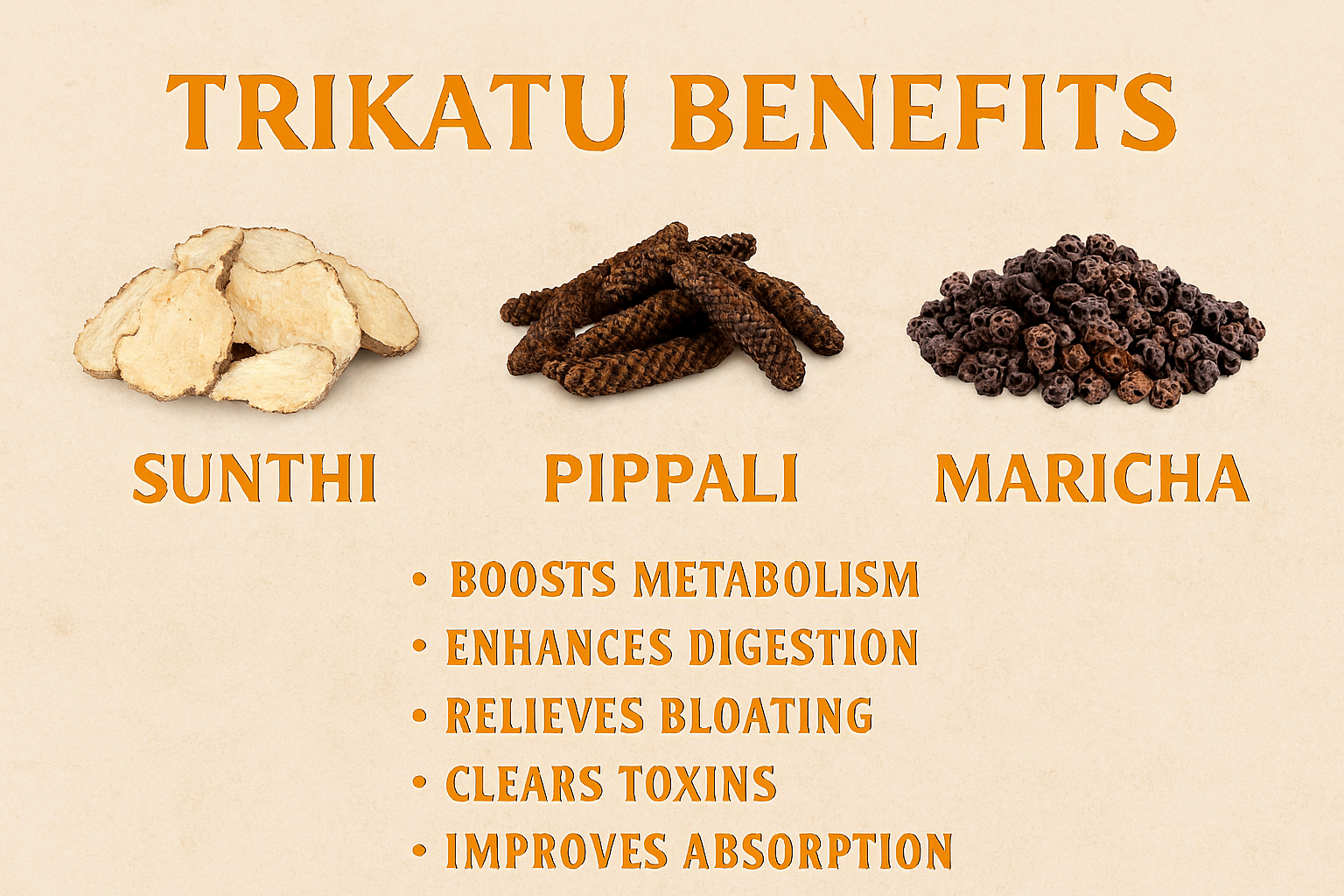 Infographic showing Trikatu ingredients—Sunthi (dry ginger), Pippali (long pepper), and Maricha (black pepper)—with labeled benefits like boosts metabolism, enhances digestion, relieves bloating, clears toxins, and improves absorption on a beige backgroun