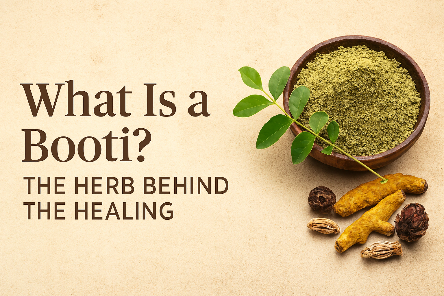 “A bowl of green Ayurvedic Booti powder with fresh leaves and dried herbs like turmeric and Shilajit, set against a parchment background with the title ‘What Is a Booti? The Herb Behind the Healing’.”