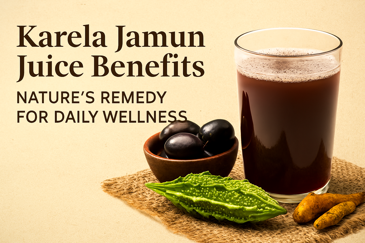 “A glass of Karela Jamun Juice placed beside fresh karela and jamun fruits on burlap fabric, with the text ‘Karela Jamun Juice Benefits: Nature’s Remedy for Daily Wellness’ on a beige background.”
