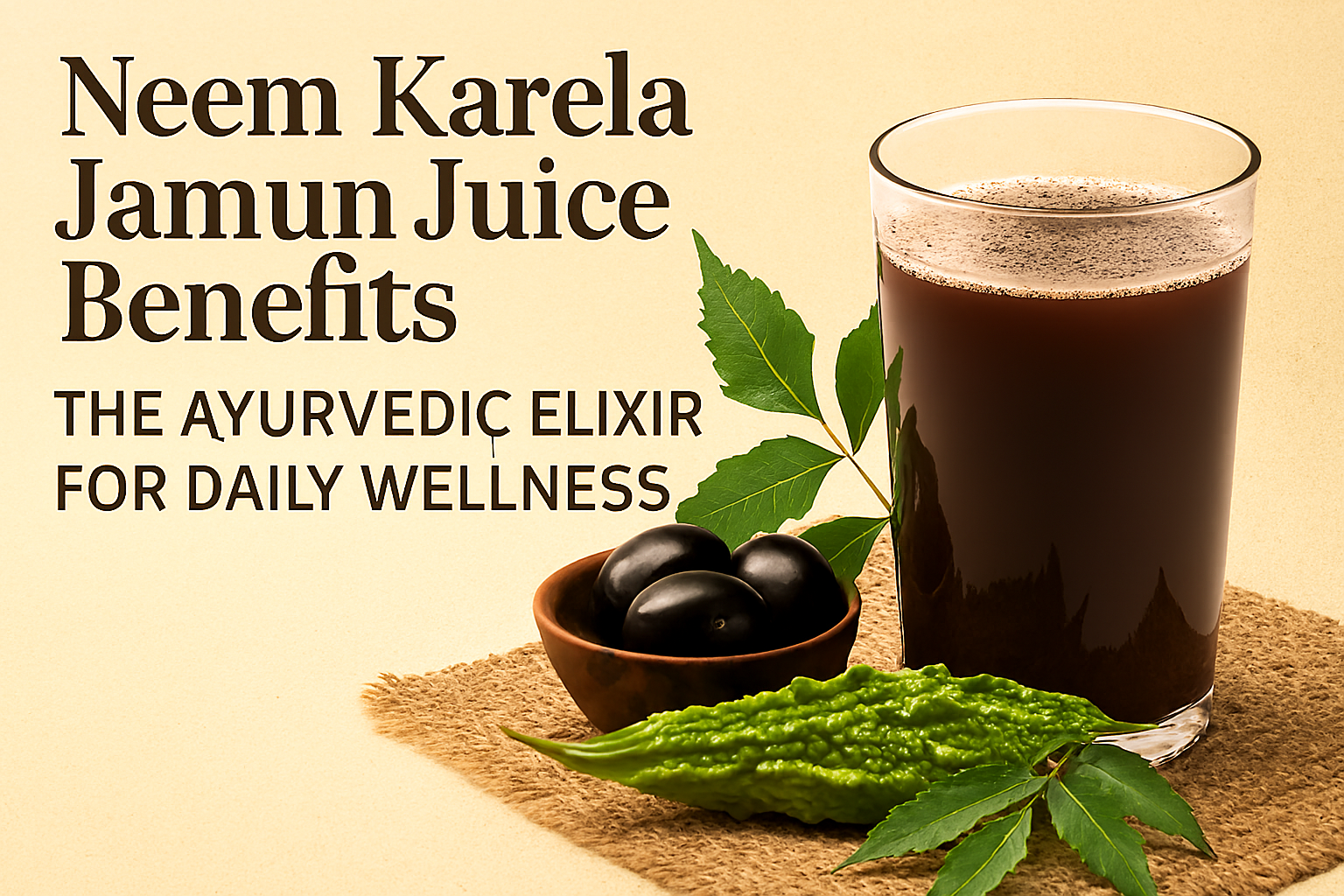 “A glass of Neem Karela Jamun Juice placed beside fresh karela, jamun fruits, and neem leaves on burlap fabric, with the text ‘Neem Karela Jamun Juice Benefits: The Ayurvedic Elixir for Daily Wellness’ on a beige background.”