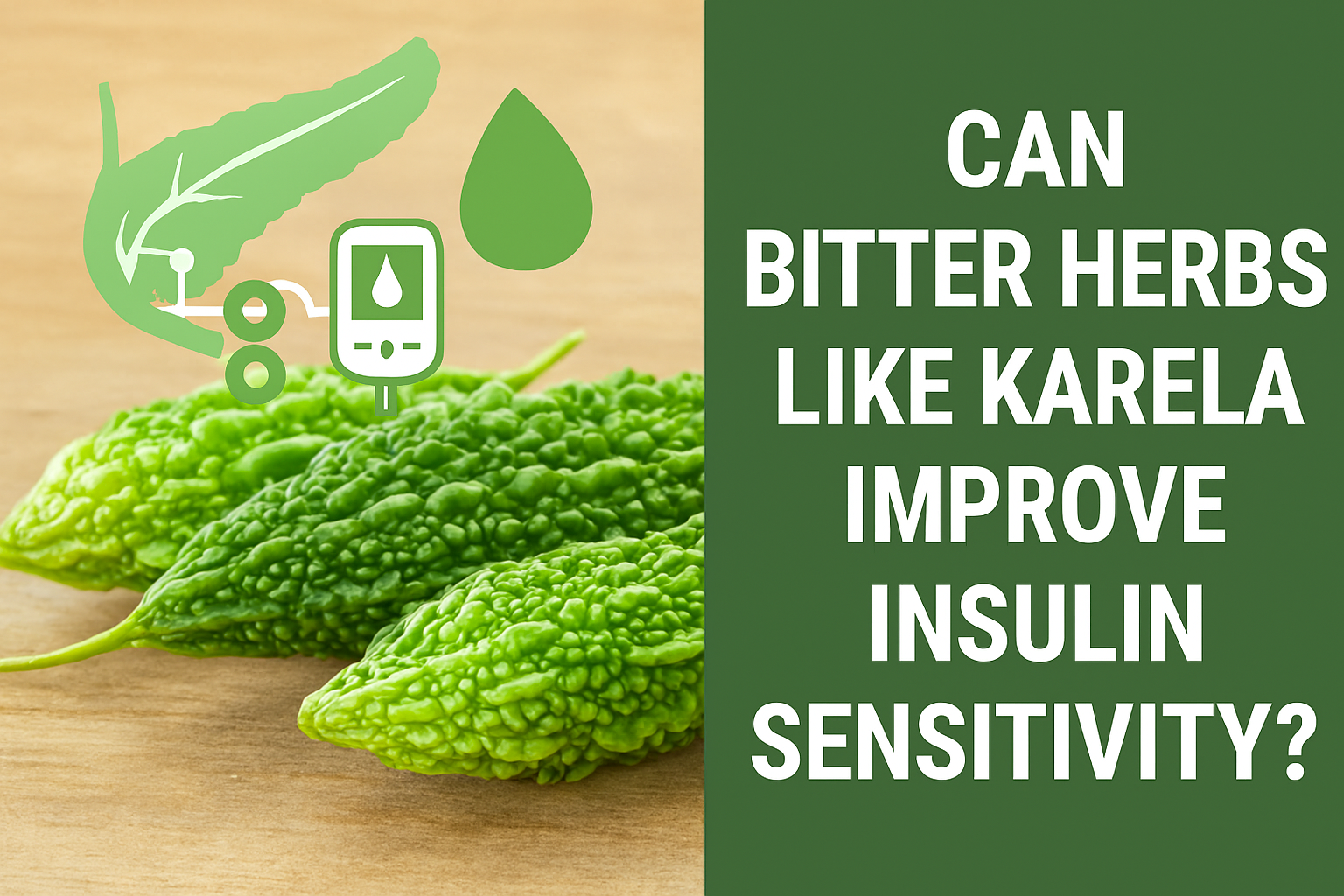 Image showing fresh Karela (bitter gourd) on a wooden surface with graphics of a pancreas and glucose meter, alongside bold text asking if bitter herbs like Karela can improve insulin sensitivity.