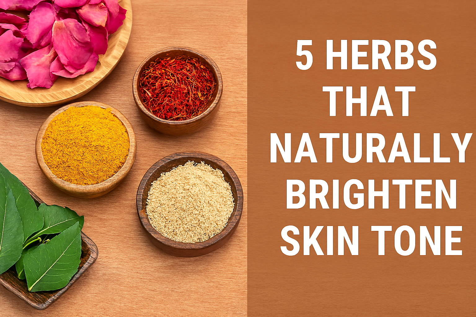 Image displaying five Ayurvedic herbs used for skin brightening: turmeric powder, neem leaves, sandalwood powder, saffron strands, and rose petals arranged on wooden dishes, with bold white text reading “5 Herbs That Naturally Brighten Skin Tone.”