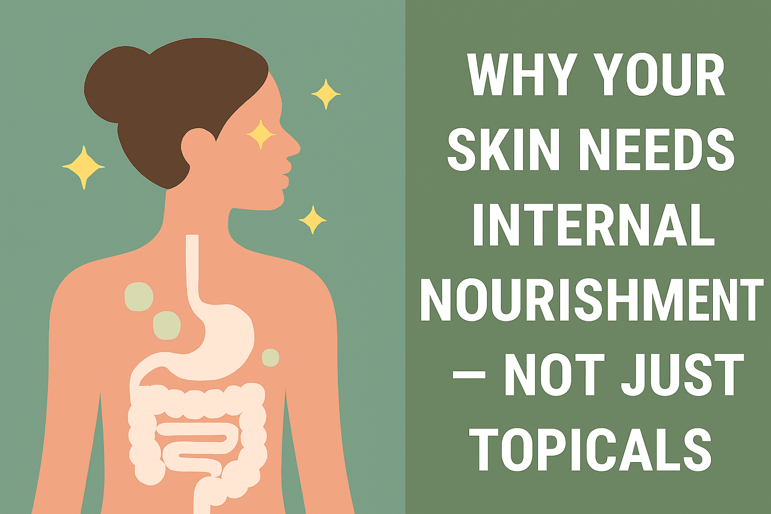 Illustration of a woman’s profile with a digestive system overlay, symbolizing the skin-gut connection. Text reads “Why Your Skin Needs Internal Nourishment — Not Just Topicals” against a green background.