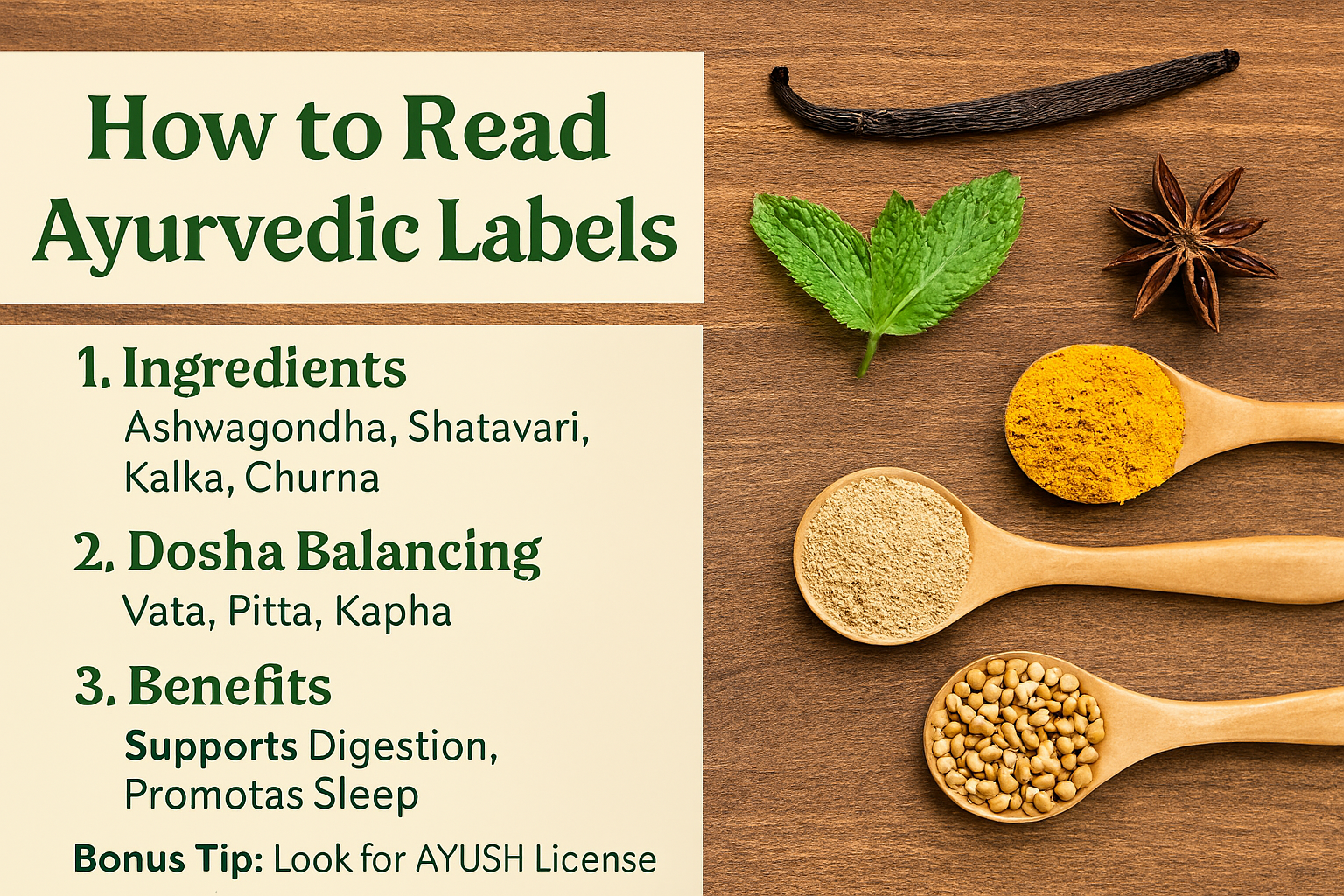 “Infographic explaining how to read Ayurvedic product labels, featuring herbal ingredients like Ashwagandha and Shatavari, dosha types Vata, Pitta, Kapha, and benefits such as digestion and sleep support, styled with earthy tones and traditional motifs.”