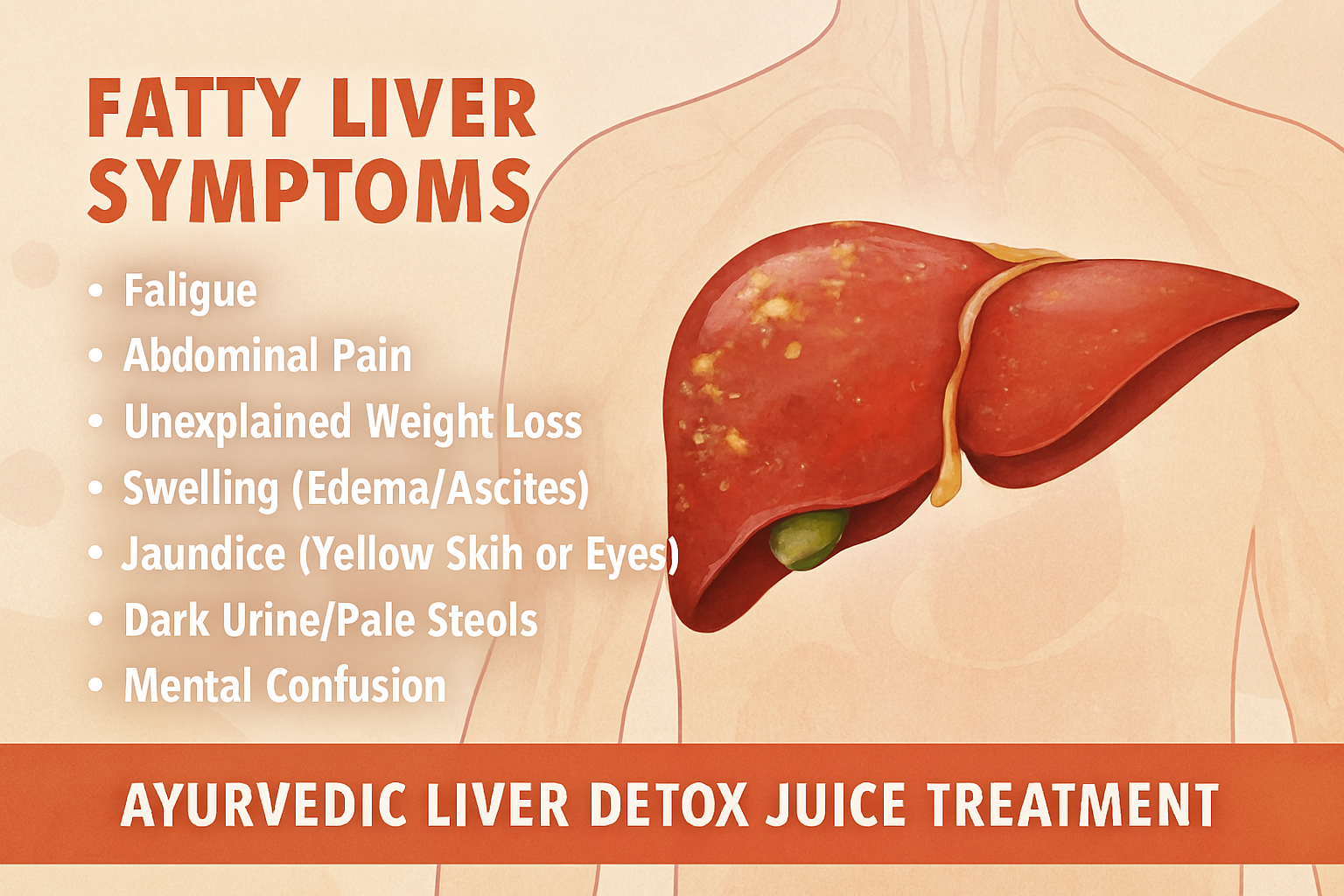 Infographic showing fatty liver symptoms and Ayurvedic liver detox juice treatment with a liver illustration and symptom list including fatigue, abdominal pain, and jaundice.