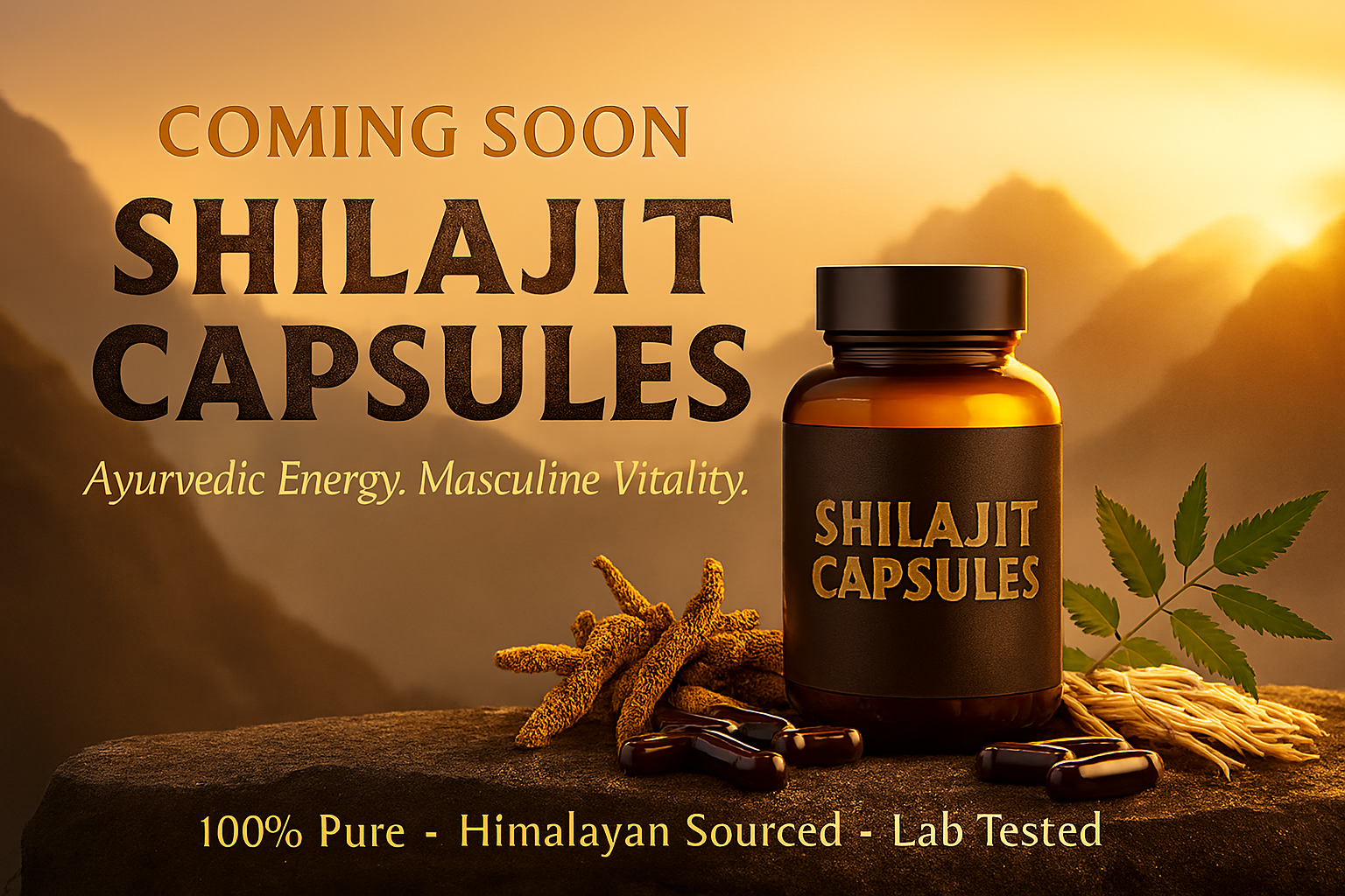 Amber bottle of Shilajit Capsules on a rugged Himalayan rock with sunrise backdrop, surrounded by Ashwagandha roots, Safed Musli, and Shatavari sprigs, promoting Ayurvedic energy and masculine vitality.