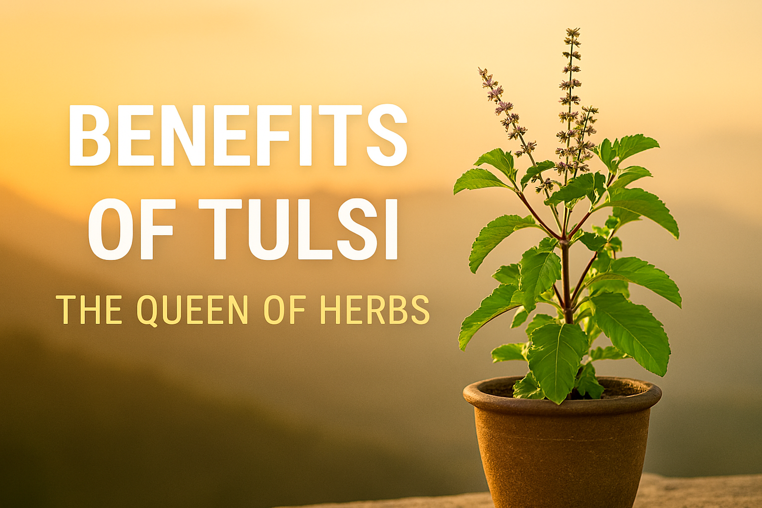 A vibrant Tulsi plant in a terracotta pot set against a golden sunset with mountain views. The text “Benefits of Tulsi – The Queen of Herbs” appears on the left, highlighting its wellness significance.