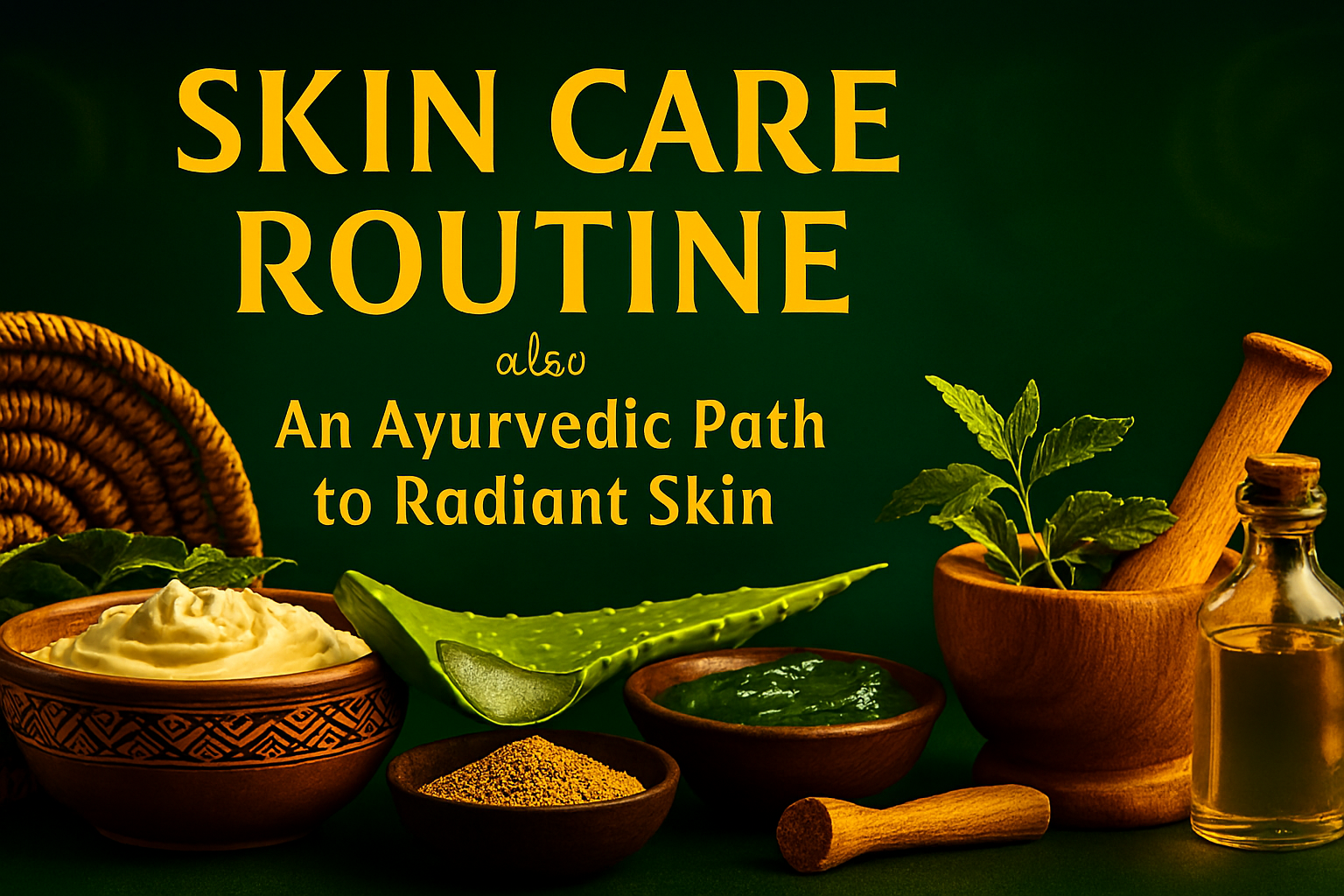 Promotional image for Ayurvedic skin care routine featuring aloe vera, turmeric powder, rose petals, sandalwood sticks, and Kumkumadi oil on a soft rose beige background. Golden text highlights the theme: Ayurvedic rituals for radiant skin.