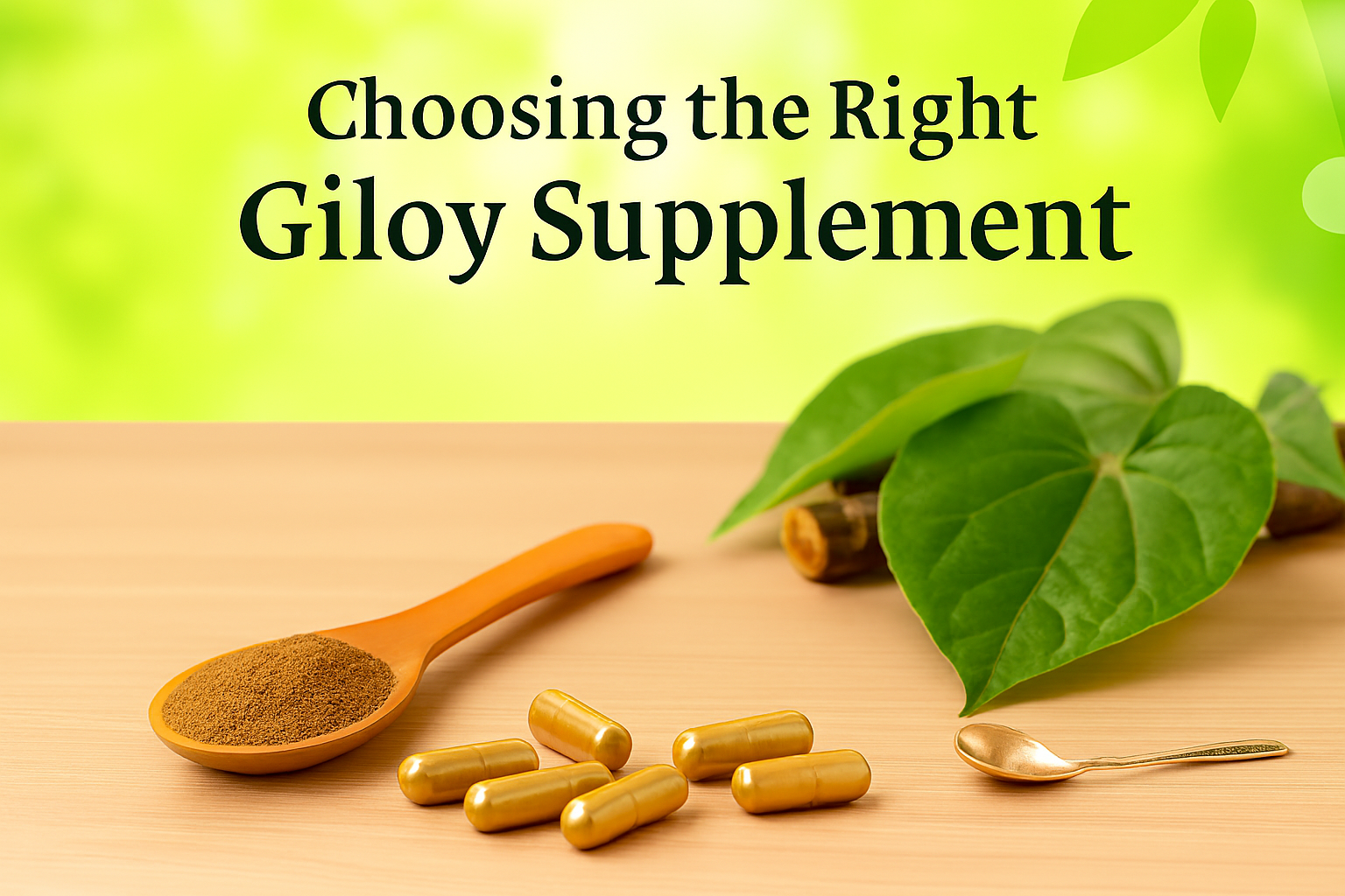 Giloy powder in a wooden spoon with golden capsules on a wooden surface, fresh Giloy leaves in the background, promoting Ayurvedic immunity booster supplements.