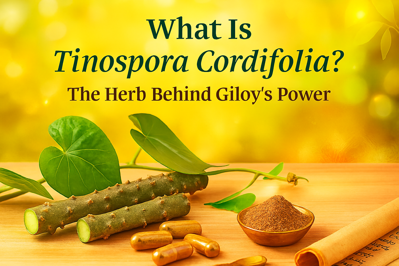 Fresh Giloy stems, heart-shaped leaves, Giloy powder in a brass bowl, and capsules arranged on a wooden surface with a golden Ayurvedic-themed background and headline text.