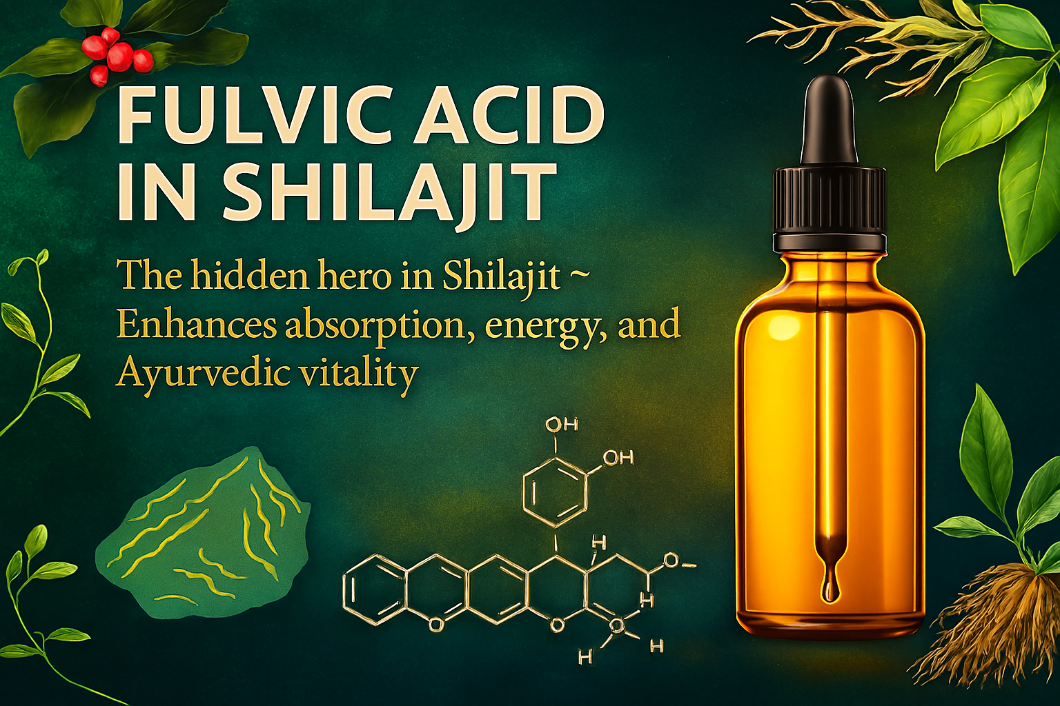 Illustration of Shilajit Gold dropper bottle with fulvic acid molecular structure, Ayurvedic herbs like Ashwagandha and Safed Musli, and glowing Shilajit resin chunk on a warm earthy background — highlighting energy, absorption, and vitality.