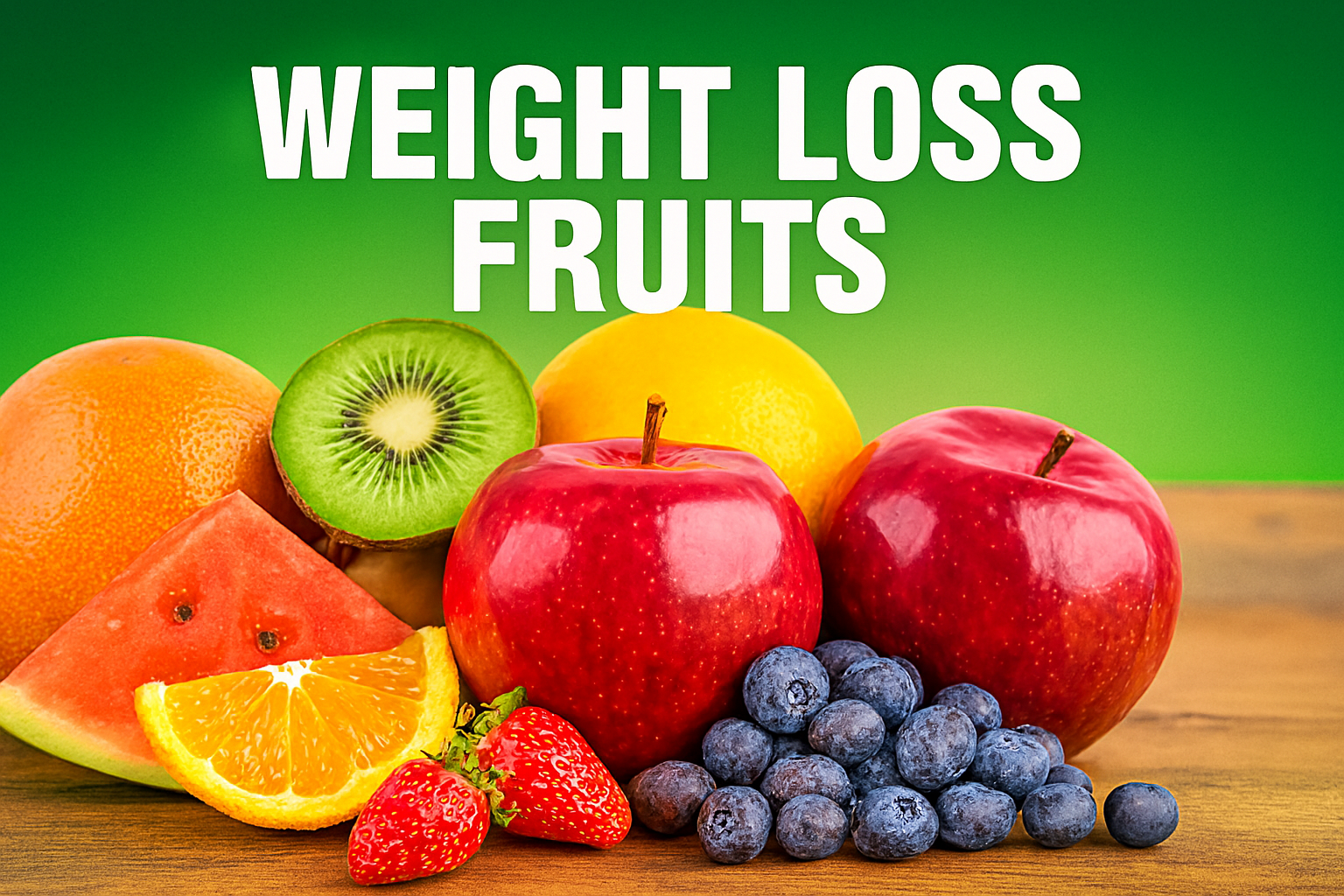 Assorted weight loss fruits including apples, kiwi, grapefruit, berries, watermelon, and orange slices arranged on a rustic wooden table with green background and bold white text 
