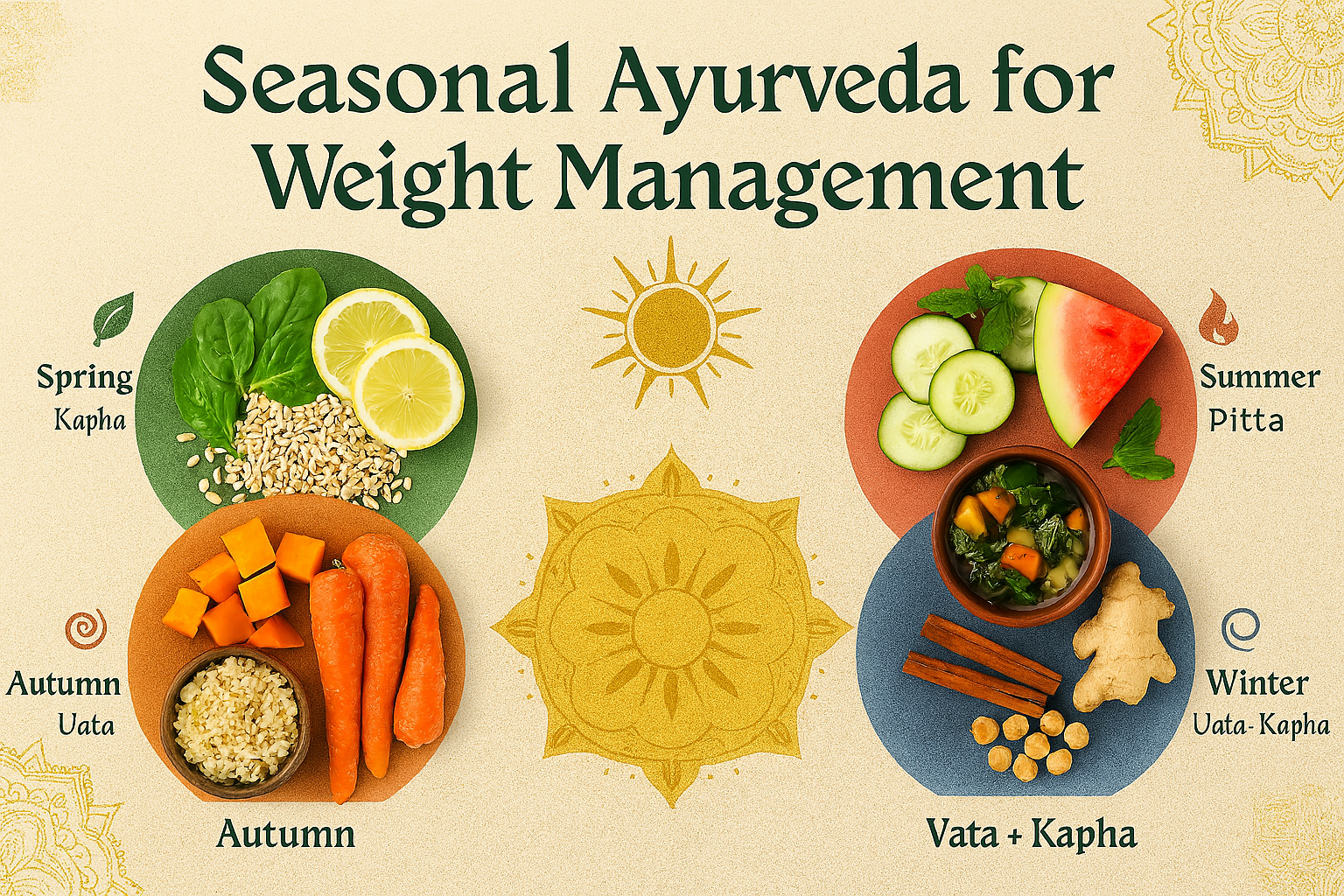 Infographic showing Ayurvedic diet for weight management by season: Spring (greens, barley), Summer (cucumber, watermelon, mint), Autumn (sweet potatoes, ghee), Winter (lentils, ginger, cinnamon).