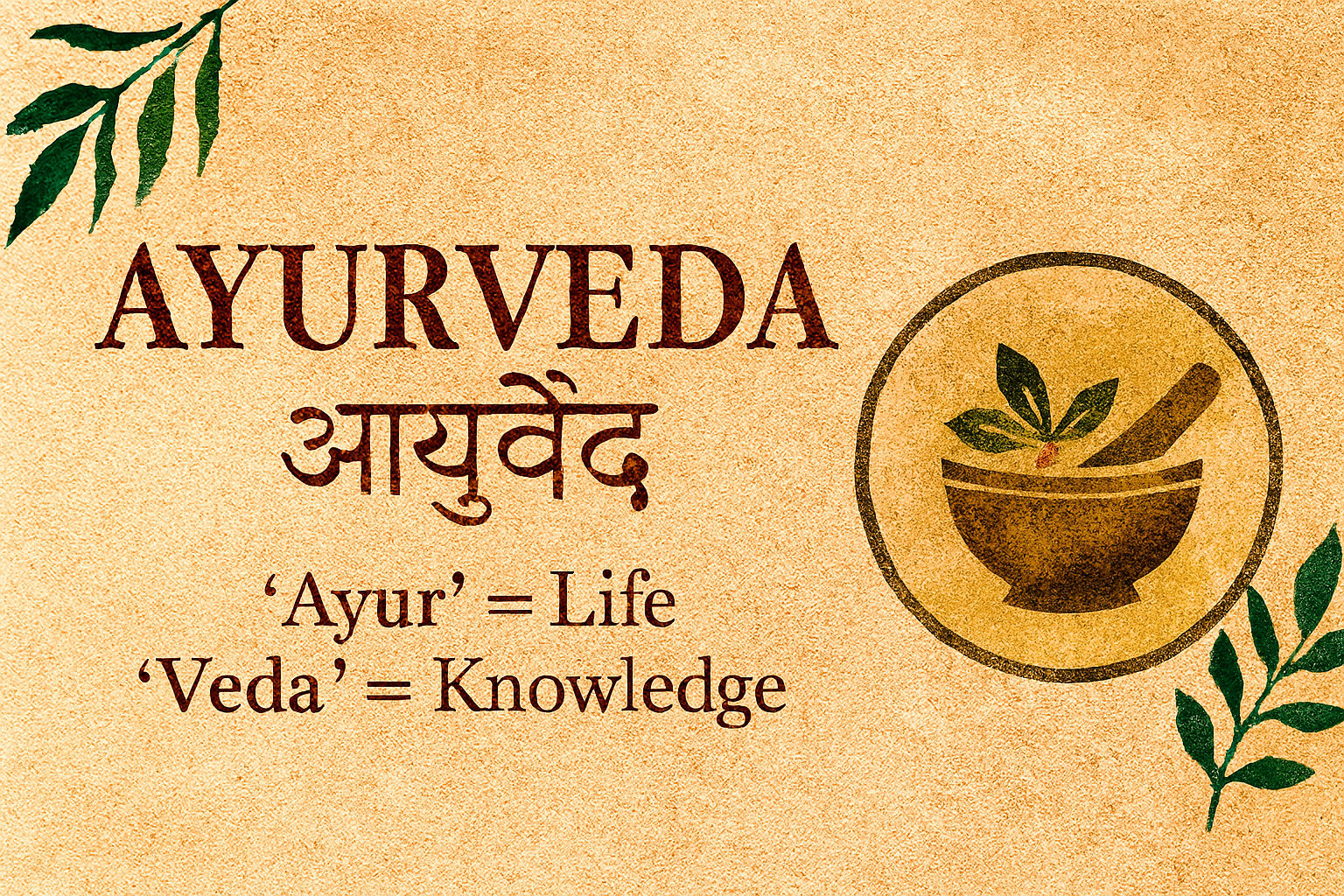 “Illustration showing the meaning of Ayurveda with herbal elements, lotus flower, and Sanskrit text”