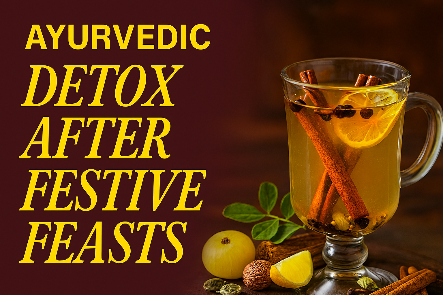 Glass mug of Ayurvedic detox tea with cinnamon, lemon, cardamom, and ginger on a rustic wooden surface, promoting natural cleansing after festive feasts.