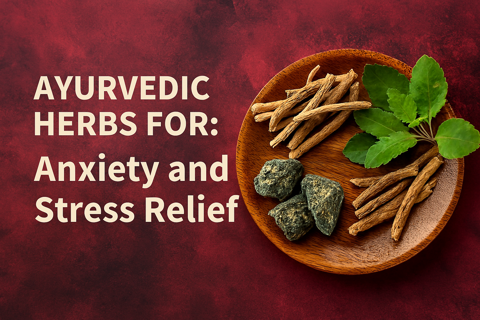 Ashwagandha roots, Tulsi leaves, and Ayurvedic herbs arranged on a wooden plate for natural anxiety and stress relief, set against a rich red marbled background
