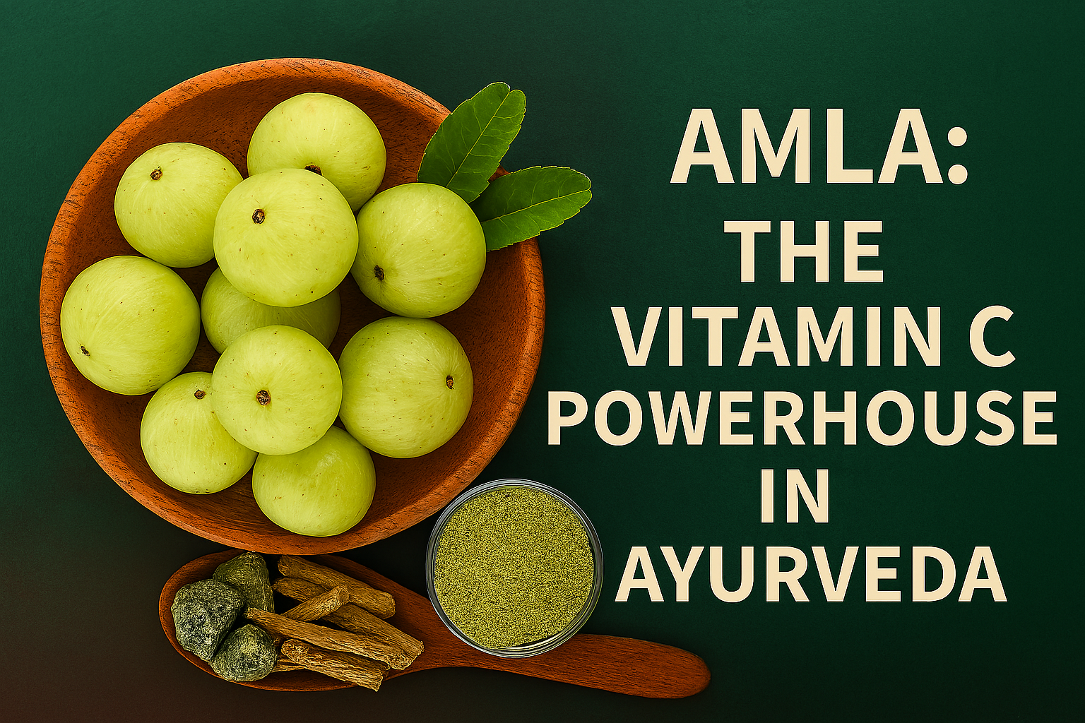 Fresh Amla fruits in a wooden bowl with Amla powder and Ayurvedic herbs on a green background, highlighting its Vitamin C benefits in Ayurved
