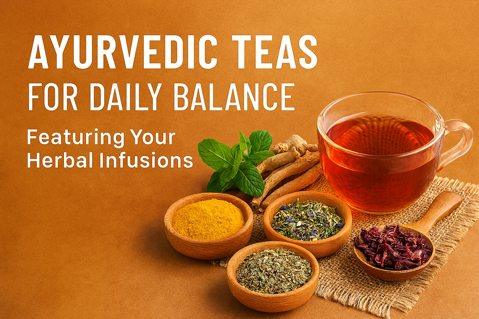 Steaming Ayurvedic tea in a rustic clay cup surrounded by tulsi, turmeric, chamomile, and cardamom, with text overlay highlighting stress relief, energy boost, and digestive support.