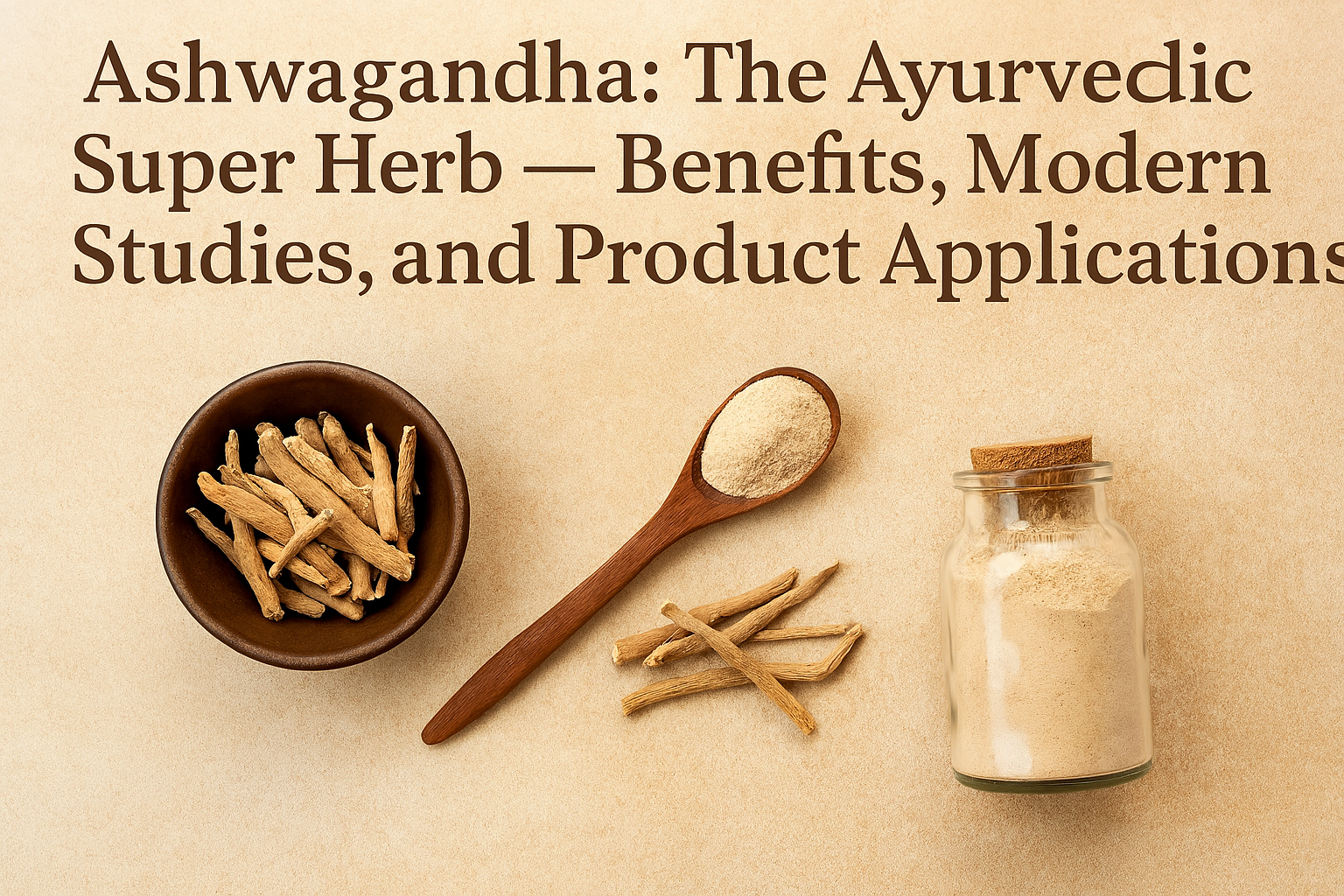 Ashwagandha root and powder displayed with Ayurvedic tools on a beige background, illustrating its wellness applications.