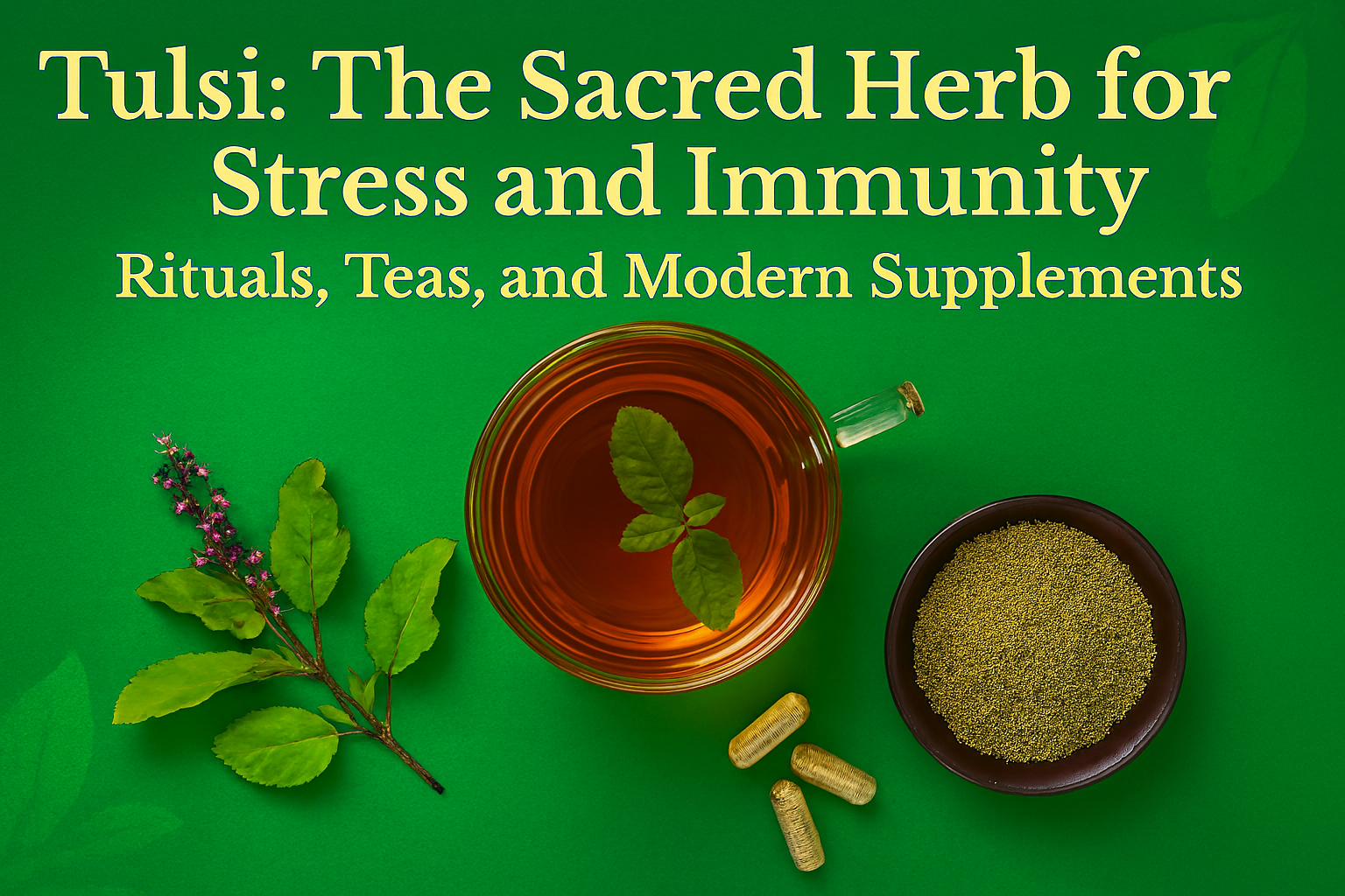 Tulsi tea, fresh Tulsi leaves, powdered Tulsi supplements, and capsules arranged on a vibrant green background with wellness-themed text.