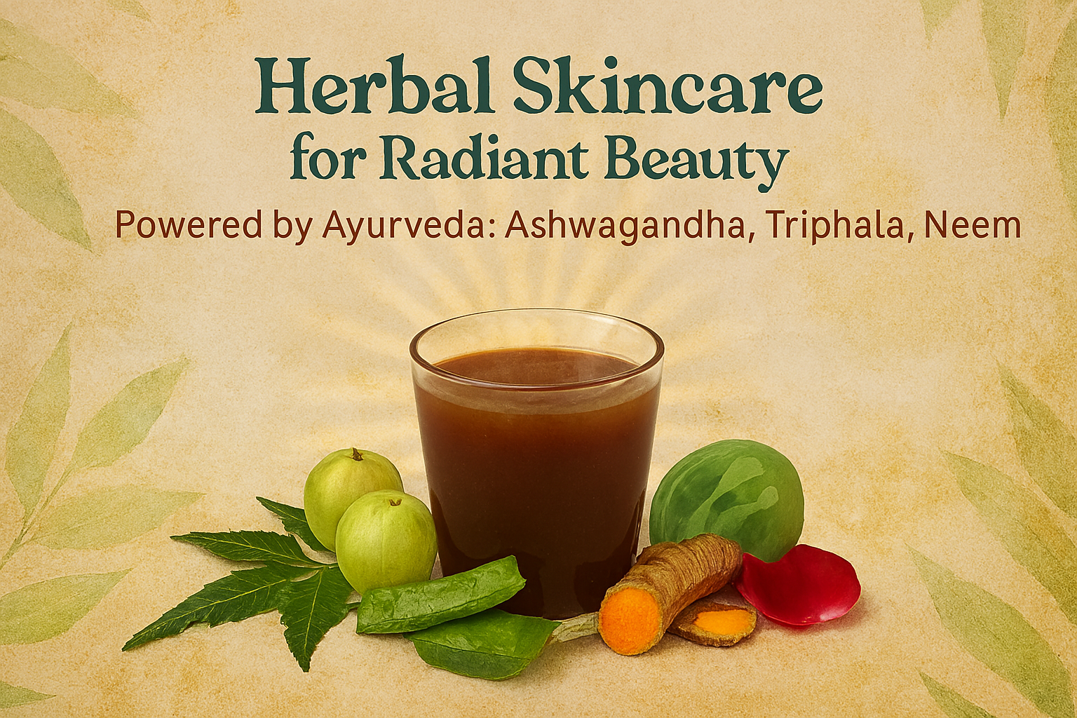 Glass of brown herbal juice surrounded by Ayurvedic herbs including Amla, Neem leaves, Aloe Vera, Turmeric, and Rose petals on a parchment-style background with the title “Herbal Skincare for Radiant Beauty.”
