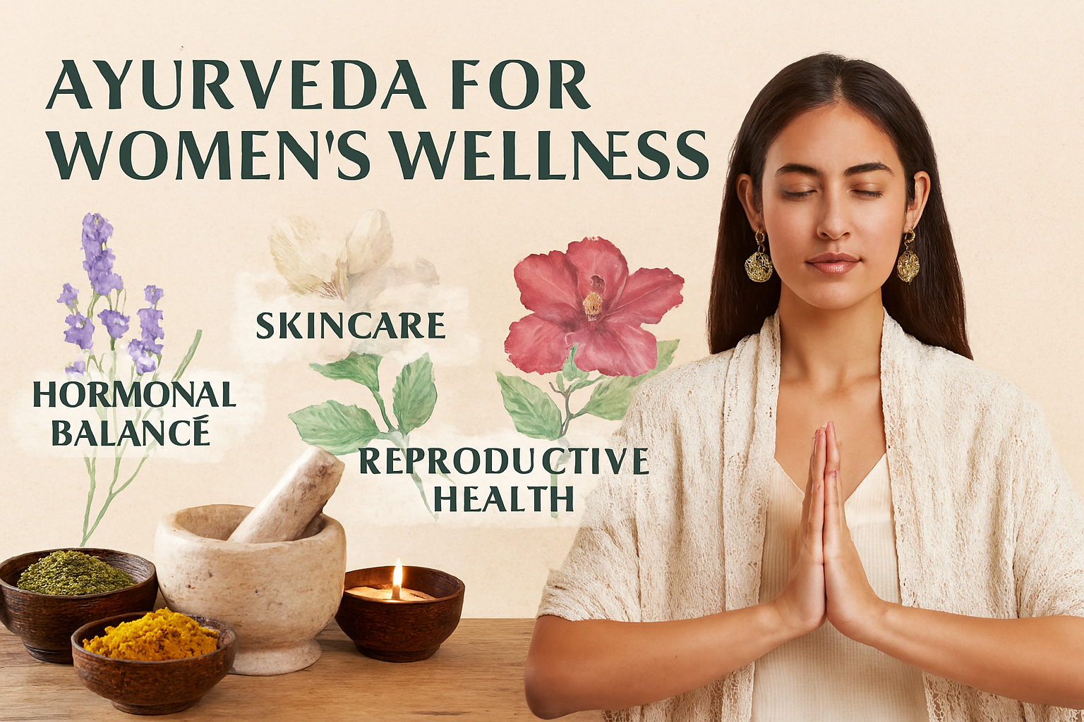 Illustration of a serene woman meditating beside Ayurvedic herbs and botanical elements representing hormonal balance, skincare, and reproductive health.