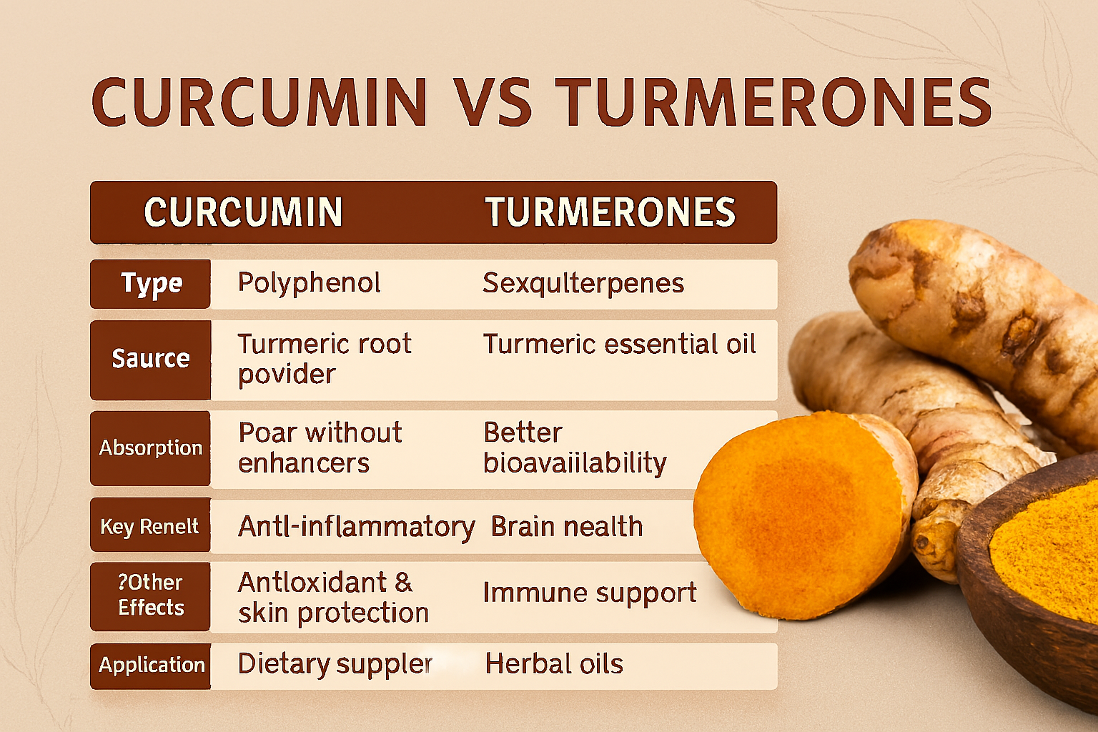“Turmeric roots, sliced turmeric, and golden powder beside curcumin molecular diagram on a warm yellow background”