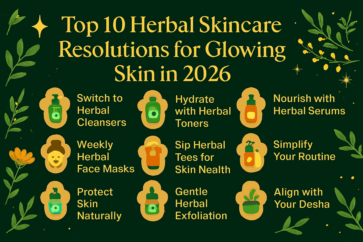 Infographic showing 10 herbal skincare resolutions for glowing skin in 2026, with icons for cleanser, toner, mask, serum, sunscreen, tea, minimalist kit, night ritual, exfoliation, and dosha balance on a botanical New Year-themed background.
