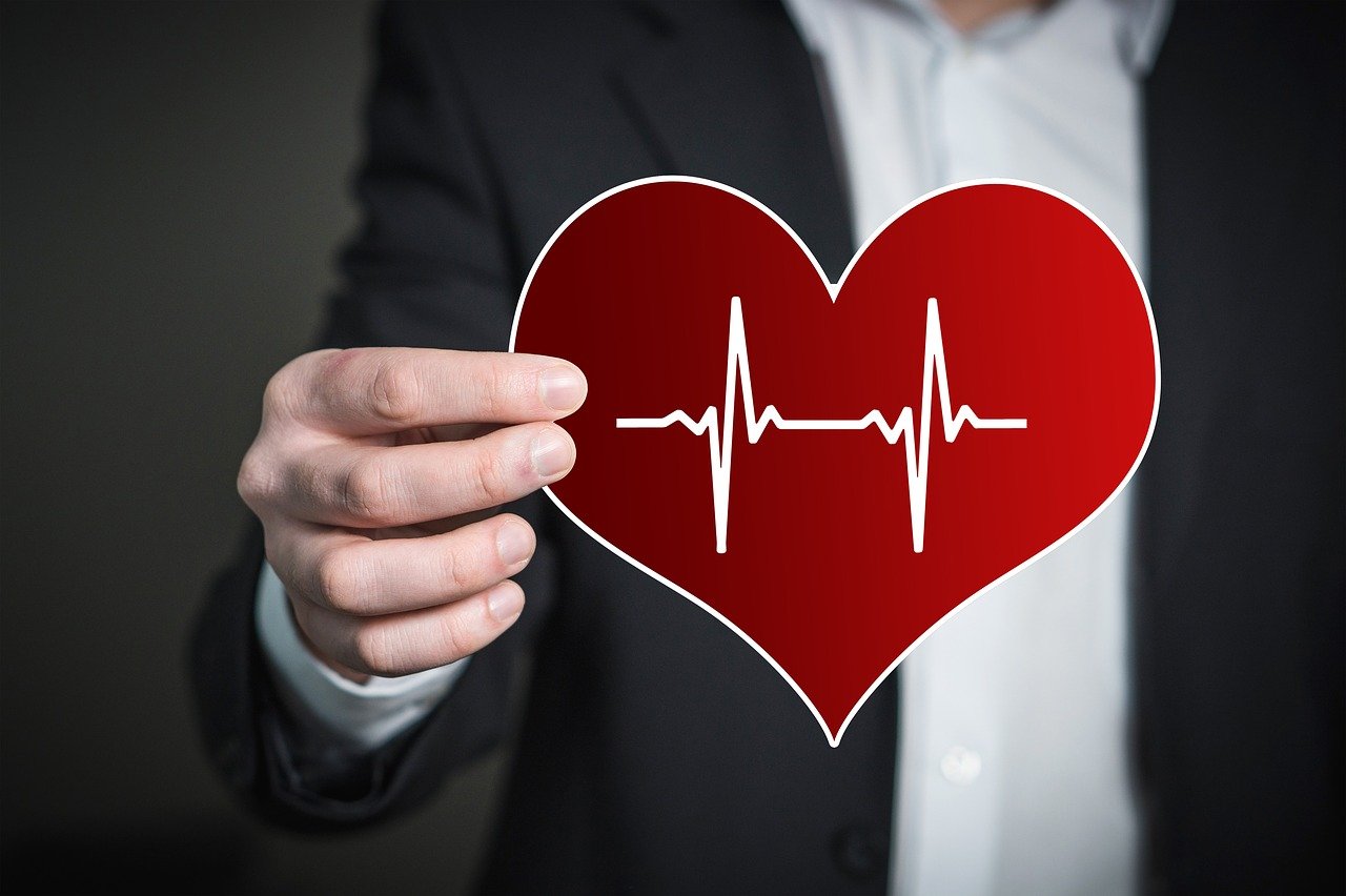 Person in dark suit holding red heart cutout with ECG line, symbolizing cardiovascular health and medical care