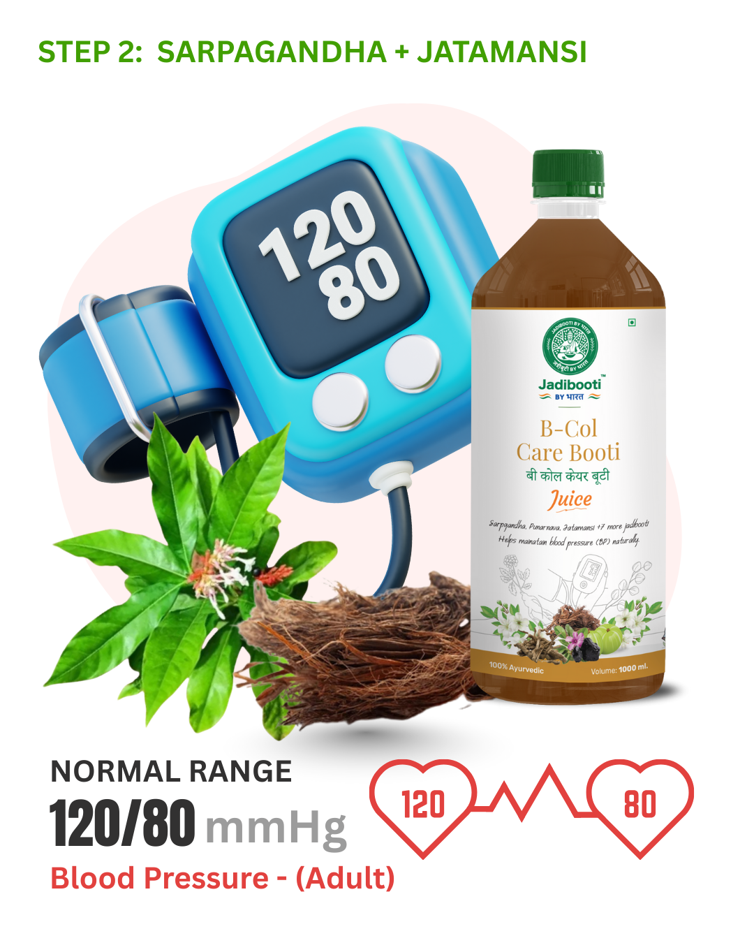 Blood pressure monitor reading 120/80 with Sarpagandha and Jatamansi herbs for BP regulation and stress relief