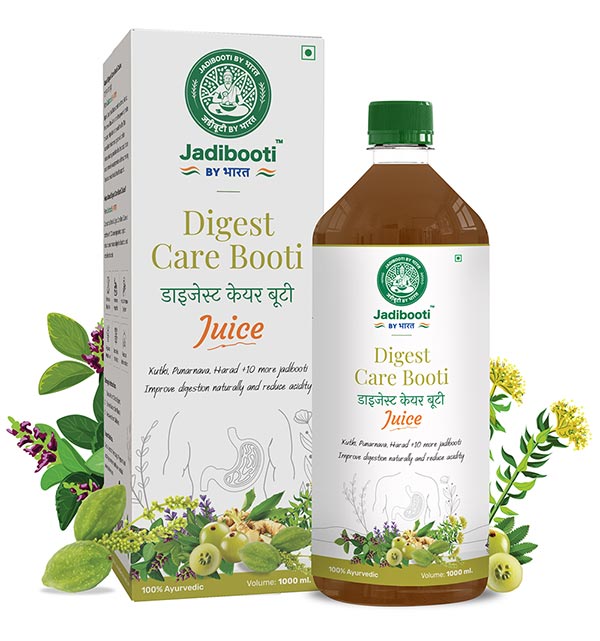 Digest Care Booti Juice by Jadibooti — 1000ml Ayurvedic bottle with green cap and bilingual label in Hindi and English; surrounded by herbs like amla, fennel, mint, and more to promote natural digestion and reduce acidity