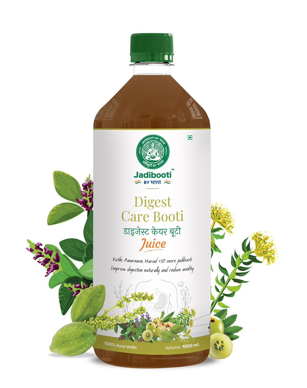 Digest Care Booti Juice by Jadibooti — 1000ml Ayurvedic bottle with green cap and bilingual label in Hindi and English; surrounded by herbs like amla, fennel, mint, and more to promote natural digestion and reduce acidity