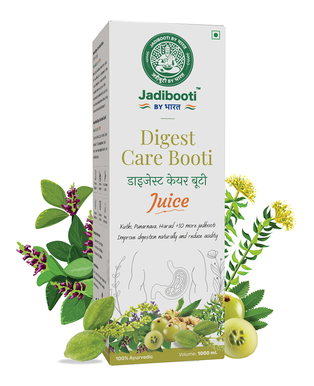 Digest Care Booti Juice by Jadibooti — 1000ml Ayurvedic bottle with green cap and bilingual label in Hindi and English; surrounded by herbs like amla, fennel, mint, and more to promote natural digestion and reduce acidity