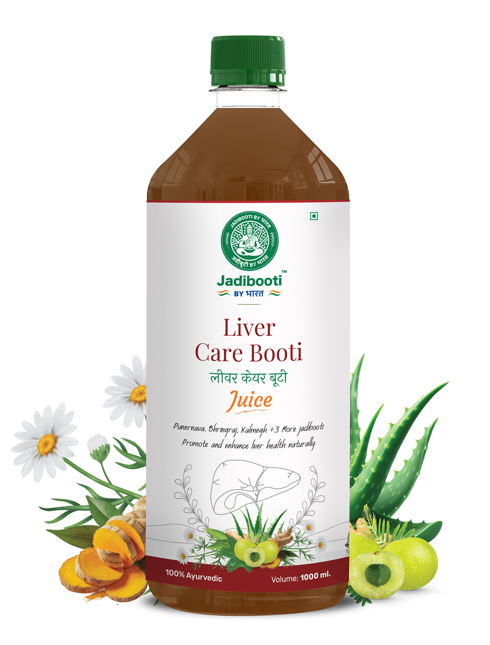 Jadibooti by Bharat Liver Care Booti Juice – 1000ml Ayurvedic blend with Punarnava, Bhumi Amla, Kalmegh, and S. Kesar to naturally promote liver health and detoxification