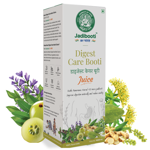 Digest Care Booti Juice by Jadibooti — 1000ml Ayurvedic bottle with green cap and bilingual label in Hindi and English; surrounded by herbs like amla, fennel, mint, and more to promote natural digestion and reduce acidity